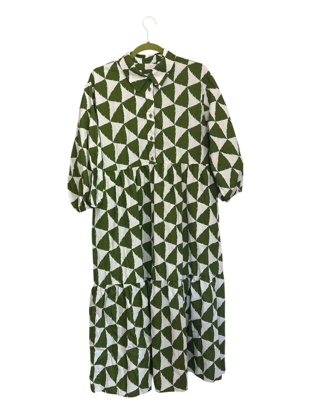 Anthropologie Maeve The Bettina Tiered Shirt Dress Green Geometric Boho Size L - Picture 2 of 10